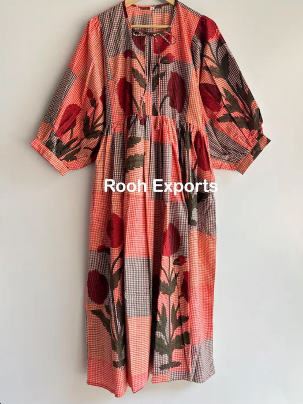 Checks and Floral Block Print Midi Dress Made in India Cotton Sz S Oversized